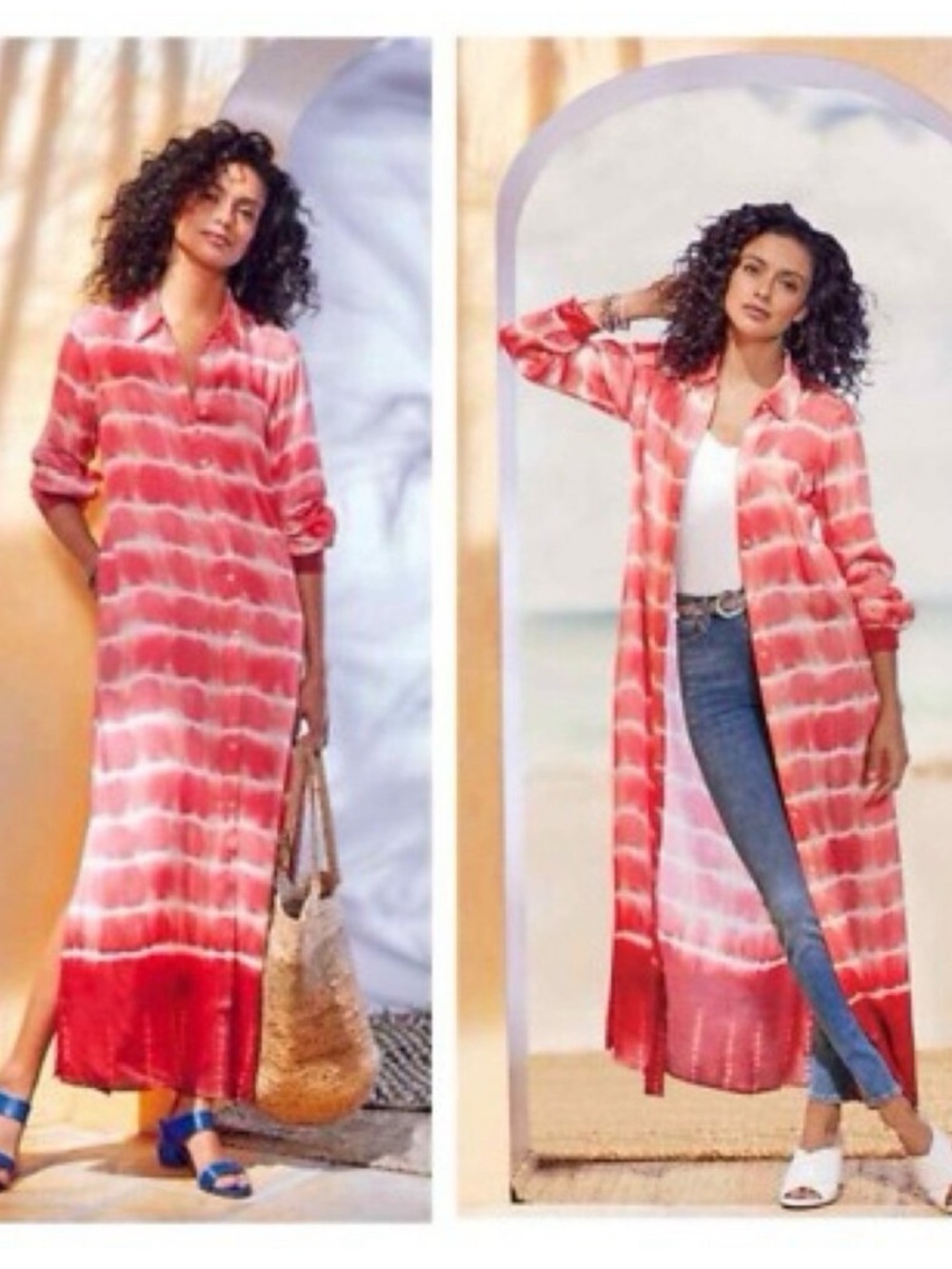 NWT Soft Surroundings Martinique Shibori Tie Dye Maxi Shirt Dress Coral/White XL
